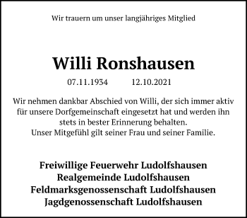 Traueranzeige von Willi Ronshausen von Göttinger Tageblatt