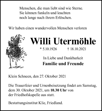 Traueranzeige von Willi Utermöhle von Göttinger Tageblatt