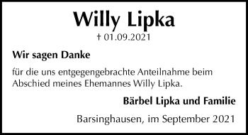 Traueranzeige von Willy Lipka von Hannoversche Allgemeine Zeitung/Neue Presse