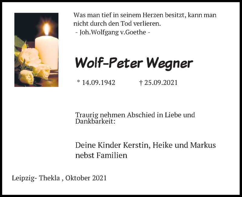  Traueranzeige für Wolf-Peter Wegner vom 09.10.2021 aus Leipziger Volkszeitung