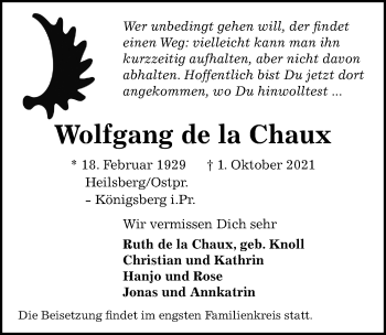 Traueranzeige von Wolfgang de la Chaux von Göttinger Tageblatt