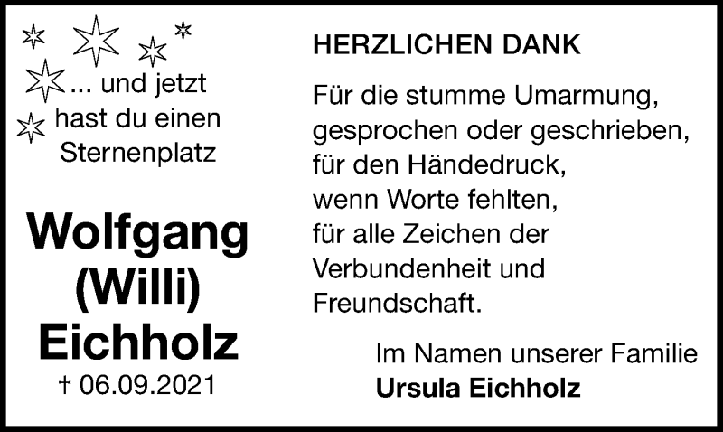 Traueranzeige für Wolfgang Eichholz vom 09.10.2021 aus Göttinger Tageblatt