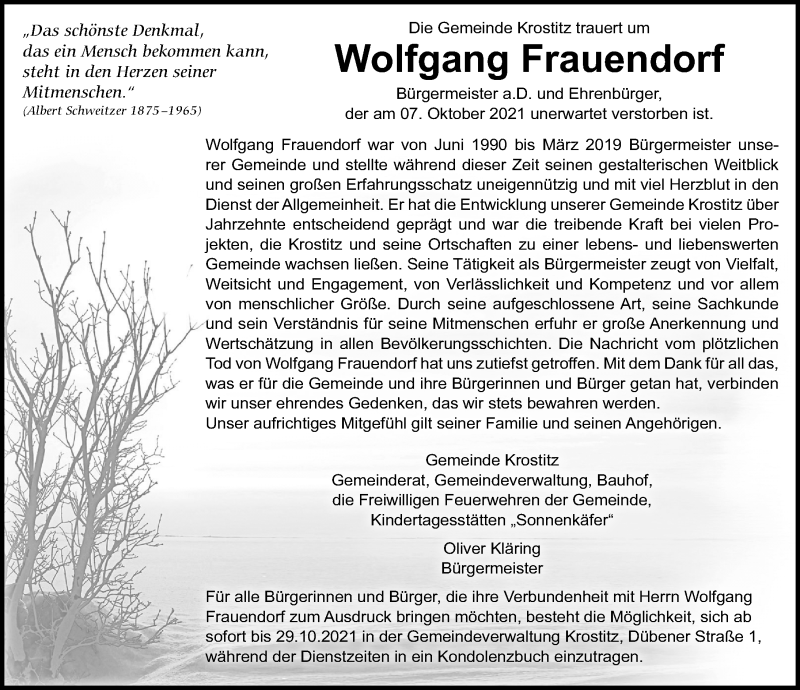  Traueranzeige für Wolfgang Frauendorf vom 16.10.2021 aus Leipziger Volkszeitung