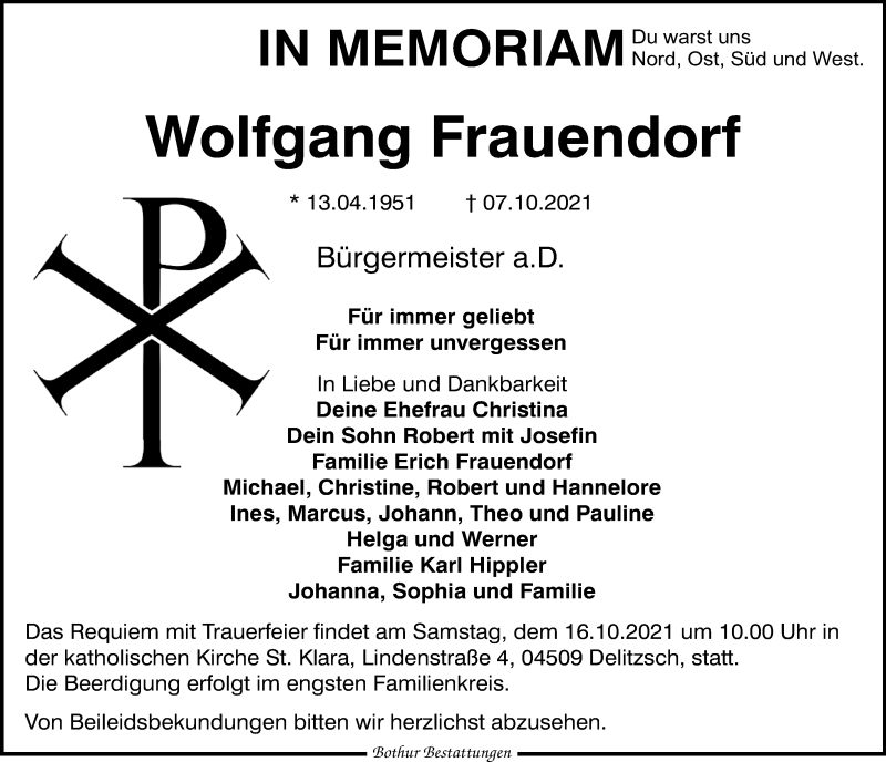  Traueranzeige für Wolfgang Frauendorf vom 13.10.2021 aus Leipziger Volkszeitung