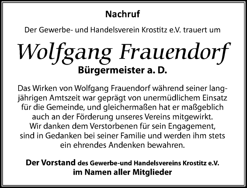  Traueranzeige für Wolfgang Frauendorf vom 23.10.2021 aus Leipziger Volkszeitung