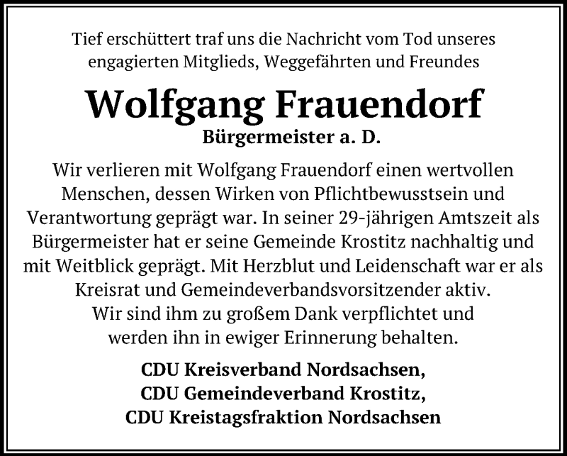  Traueranzeige für Wolfgang Frauendorf vom 16.10.2021 aus Leipziger Volkszeitung