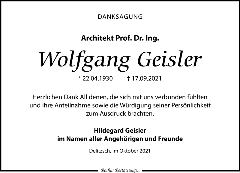  Traueranzeige für Wolfgang Geisler vom 16.10.2021 aus Leipziger Volkszeitung
