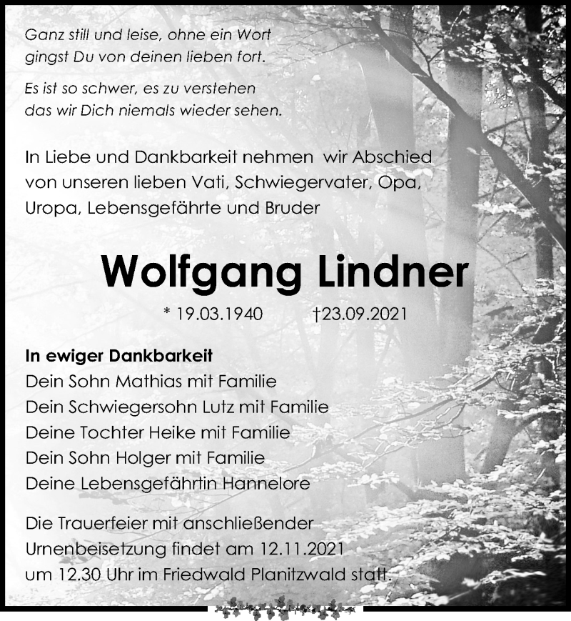  Traueranzeige für Wolfgang Lindner vom 02.10.2021 aus Leipziger Volkszeitung