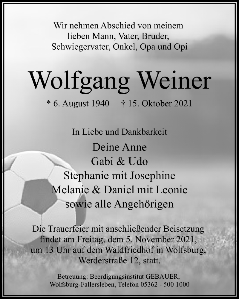  Traueranzeige für Wolfgang Weiner vom 23.10.2021 aus Aller Zeitung