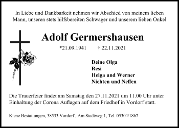 Traueranzeige von Adolf Germershausen von Aller Zeitung