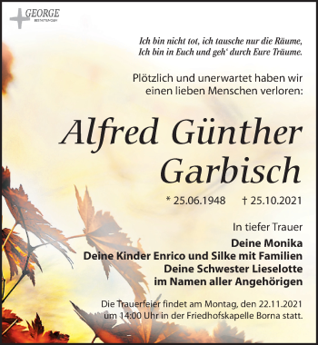 Traueranzeige von Alfred Günther Garbisch von Leipziger Volkszeitung