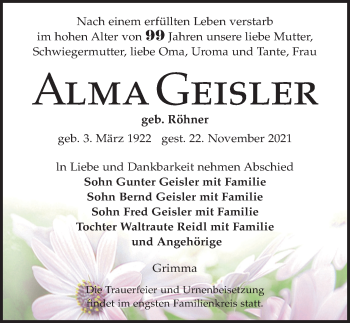 Traueranzeige von Alma Geisler von Leipziger Volkszeitung