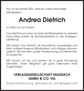 Traueranzeige von Andrea Dietrich von Hannoversche Allgemeine Zeitung/Neue Presse