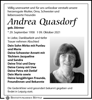 Traueranzeige von Andrea Quasdorf von Leipziger Volkszeitung