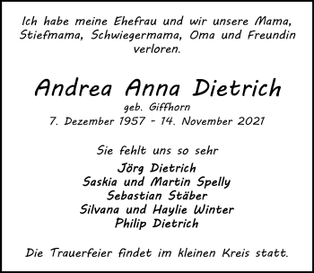 Traueranzeige von Andrea Anna Dietrich von Hannoversche Allgemeine Zeitung/Neue Presse