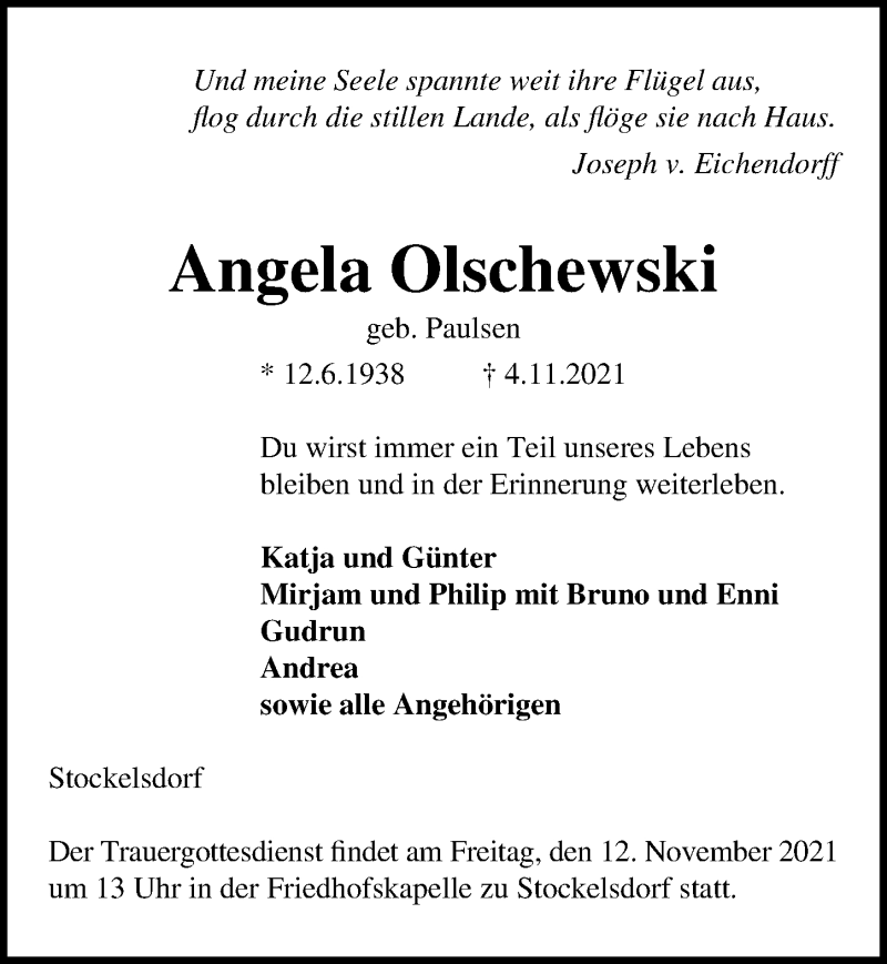  Traueranzeige für Angela Olschewski vom 10.11.2021 aus Lübecker Nachrichten