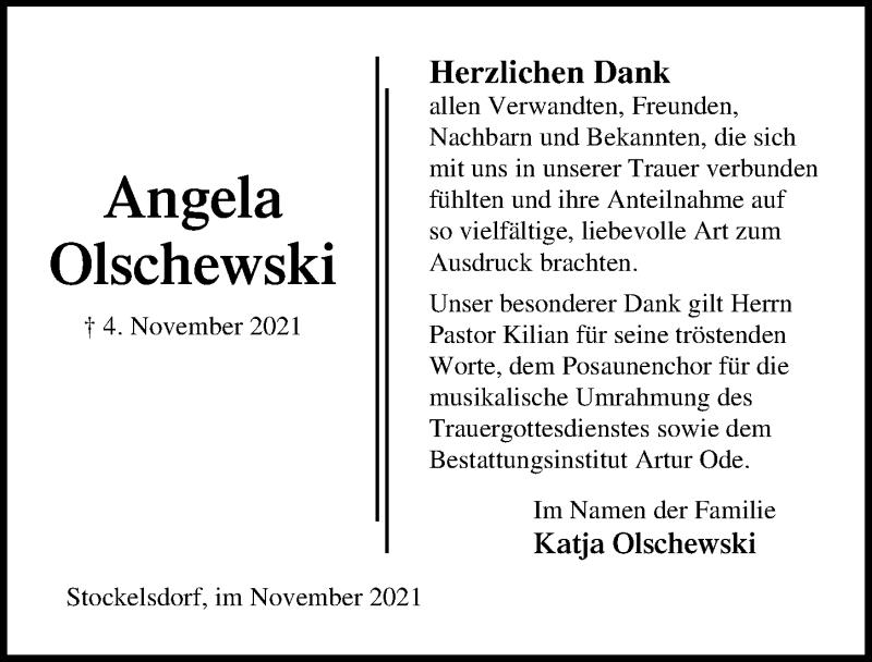  Traueranzeige für Angela Olschewski vom 21.11.2021 aus Lübecker Nachrichten