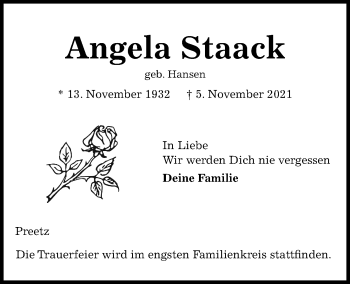 Traueranzeige von Angela Staack von Kieler Nachrichten