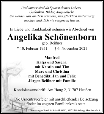 Traueranzeige von Angelika Schönenborn von Schaumburger Nachrichten