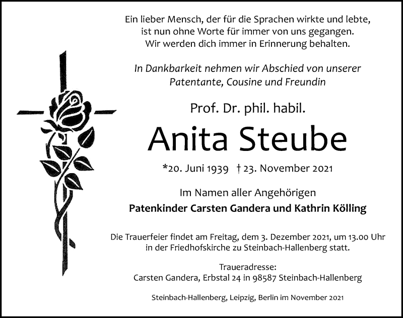  Traueranzeige für Anita Steube vom 27.11.2021 aus Leipziger Volkszeitung