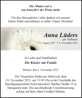 Traueranzeige von Anna Lüders von Ostsee-Zeitung GmbH