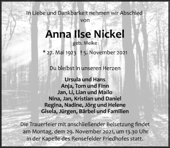 Traueranzeige von Anna Ilse Nickel von Lübecker Nachrichten