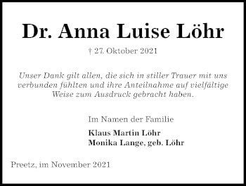 Traueranzeige von Anna Luise Löhr von Kieler Nachrichten