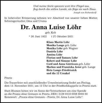 Traueranzeige von Anna Luise Löhr von Kieler Nachrichten