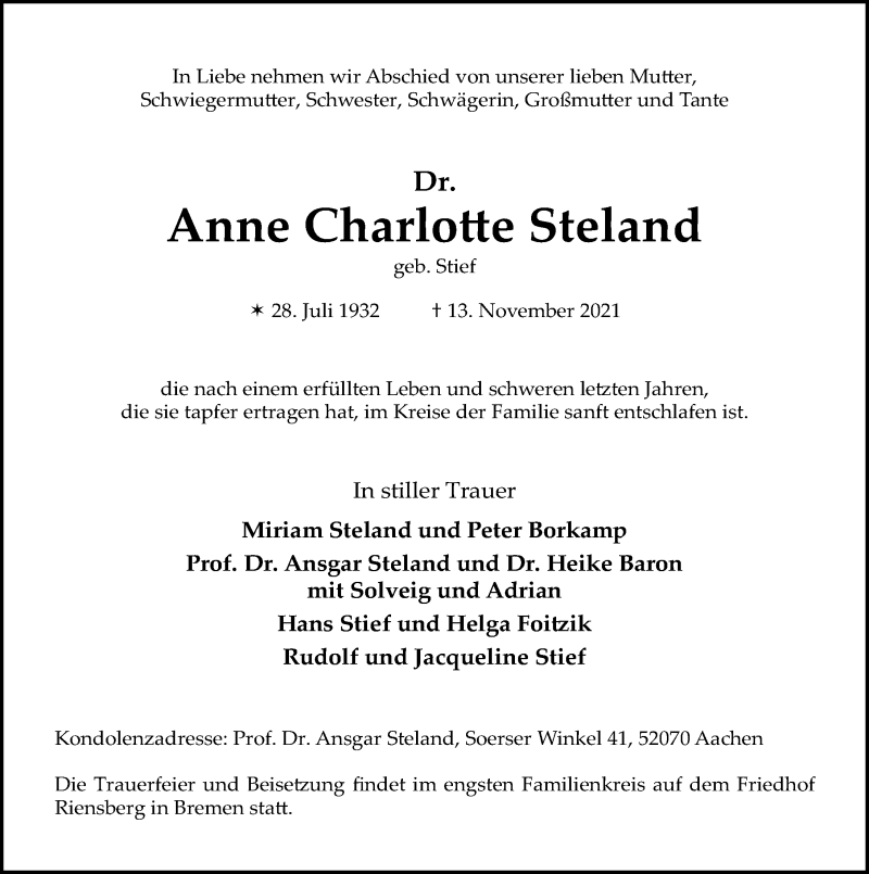  Traueranzeige für Anne Charlotte Steland vom 20.11.2021 aus Göttinger Tageblatt