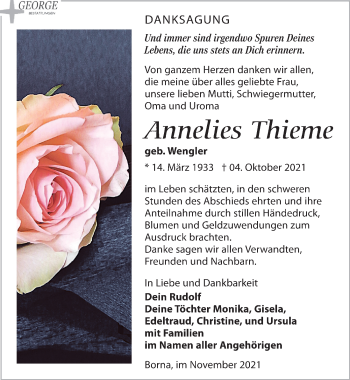 Traueranzeige von Annelies Thieme von Leipziger Volkszeitung