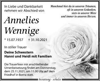 Traueranzeige von Annelies Wennige von Leipziger Volkszeitung