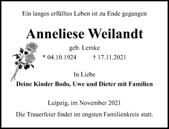 Traueranzeige von Anneliese Weilandt von Ostsee-Zeitung GmbH