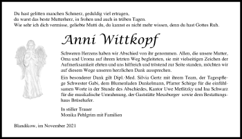 Traueranzeige von Anni Wittkopf von Märkischen Allgemeine Zeitung