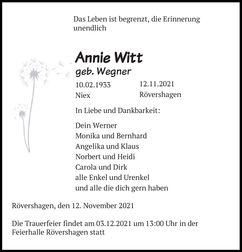 Traueranzeige für Annie Witt vom 20.11.2021 aus Ostsee-Zeitung GmbH