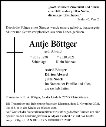 Traueranzeige von Antje Böttger von Kieler Nachrichten