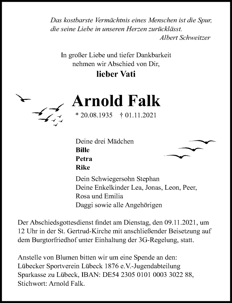  Traueranzeige für Arnold Falk vom 07.11.2021 aus Lübecker Nachrichten