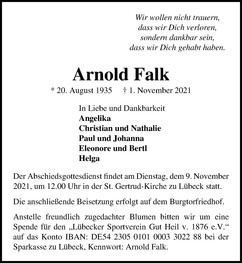  Traueranzeige für Arnold Falk vom 07.11.2021 aus Lübecker Nachrichten