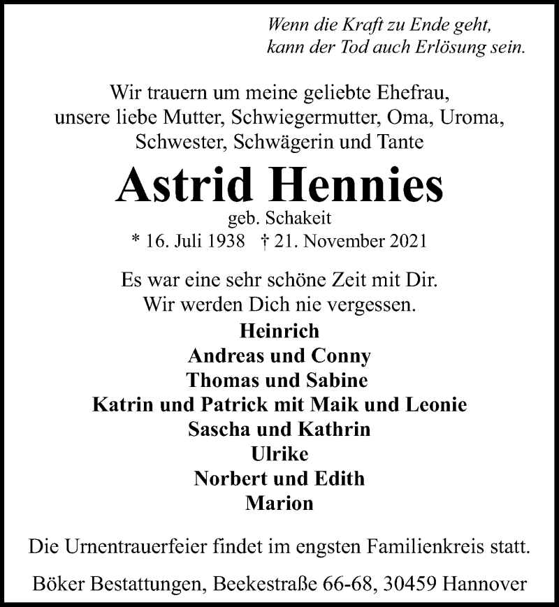  Traueranzeige für Astrid Hennies vom 27.11.2021 aus Hannoversche Allgemeine Zeitung/Neue Presse