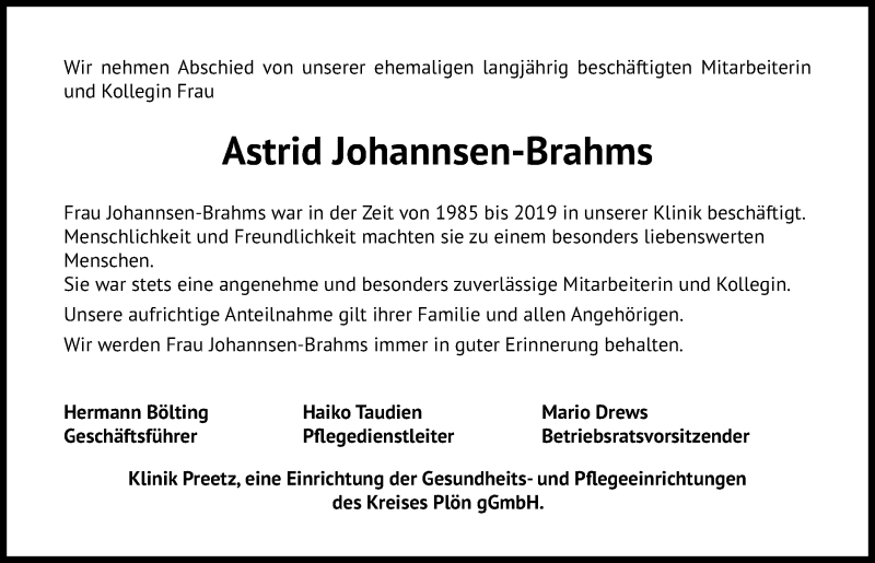  Traueranzeige für Astrid Johannsen-Brahms vom 23.10.2021 aus Kieler Nachrichten