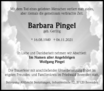 Traueranzeige von Barbara Pingel von Göttinger Tageblatt