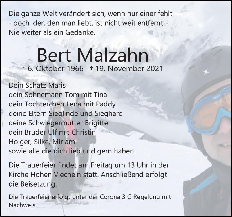  Traueranzeige für Bert Malzahn vom 27.11.2021 aus Ostsee-Zeitung GmbH