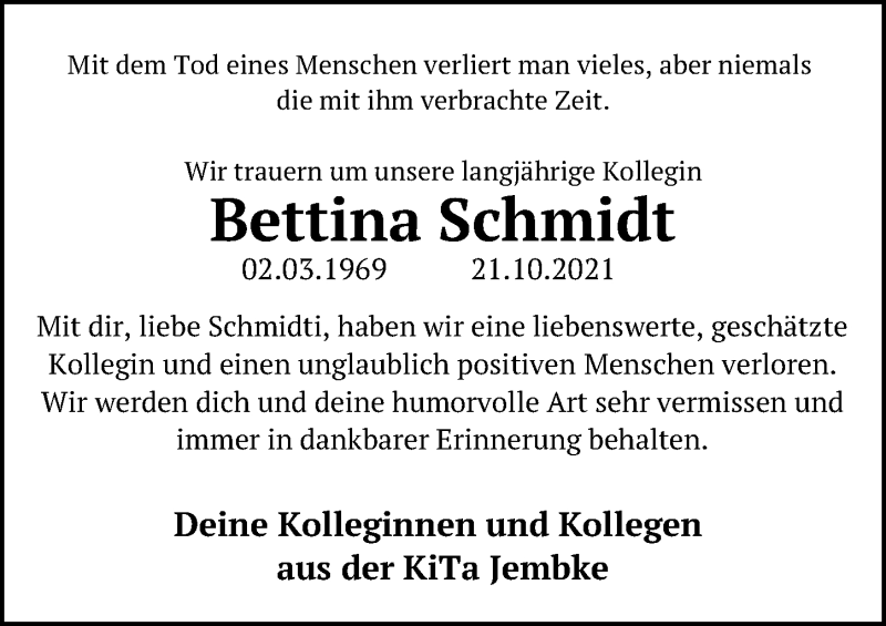  Traueranzeige für Bettina Schmidt vom 06.11.2021 aus Aller Zeitung