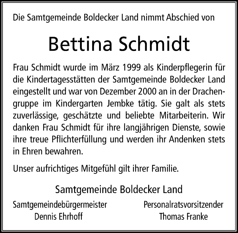  Traueranzeige für Bettina Schmidt vom 06.11.2021 aus Aller Zeitung