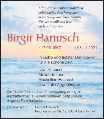 Traueranzeige von Birgit Hanusch von Ostsee-Zeitung GmbH