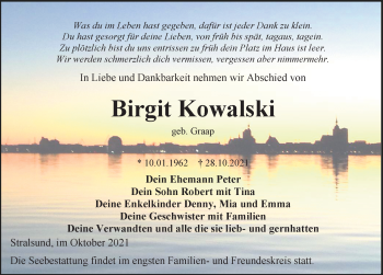 Traueranzeige von Birgit Kowalski von Ostsee-Zeitung GmbH