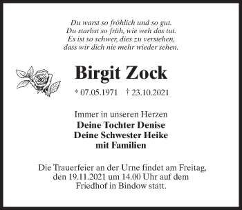 Traueranzeige von Birgit Zock von Märkischen Allgemeine Zeitung