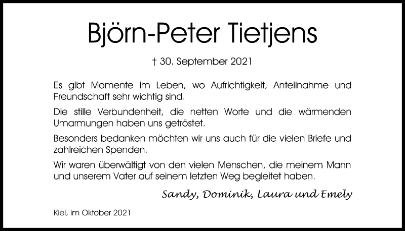  Traueranzeige für Björn-Peter Tietjens vom 30.10.2021 aus Kieler Nachrichten