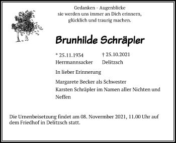 Traueranzeige von Brunhilde Schräpler von Leipziger Volkszeitung