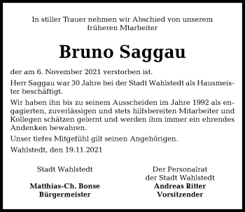 Traueranzeige von Bruno Saggau von Kieler Nachrichten