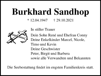 Traueranzeige von Burkhard Sandhop von Ostsee-Zeitung GmbH